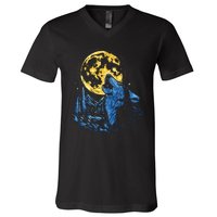 Howling Wolf Yellow Moon V-Neck T-Shirt