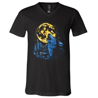 Howling Wolf Yellow Moon V-Neck T-Shirt