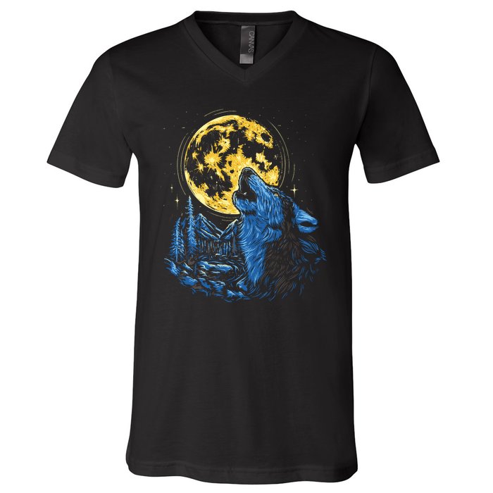 Howling Wolf Yellow Moon V-Neck T-Shirt