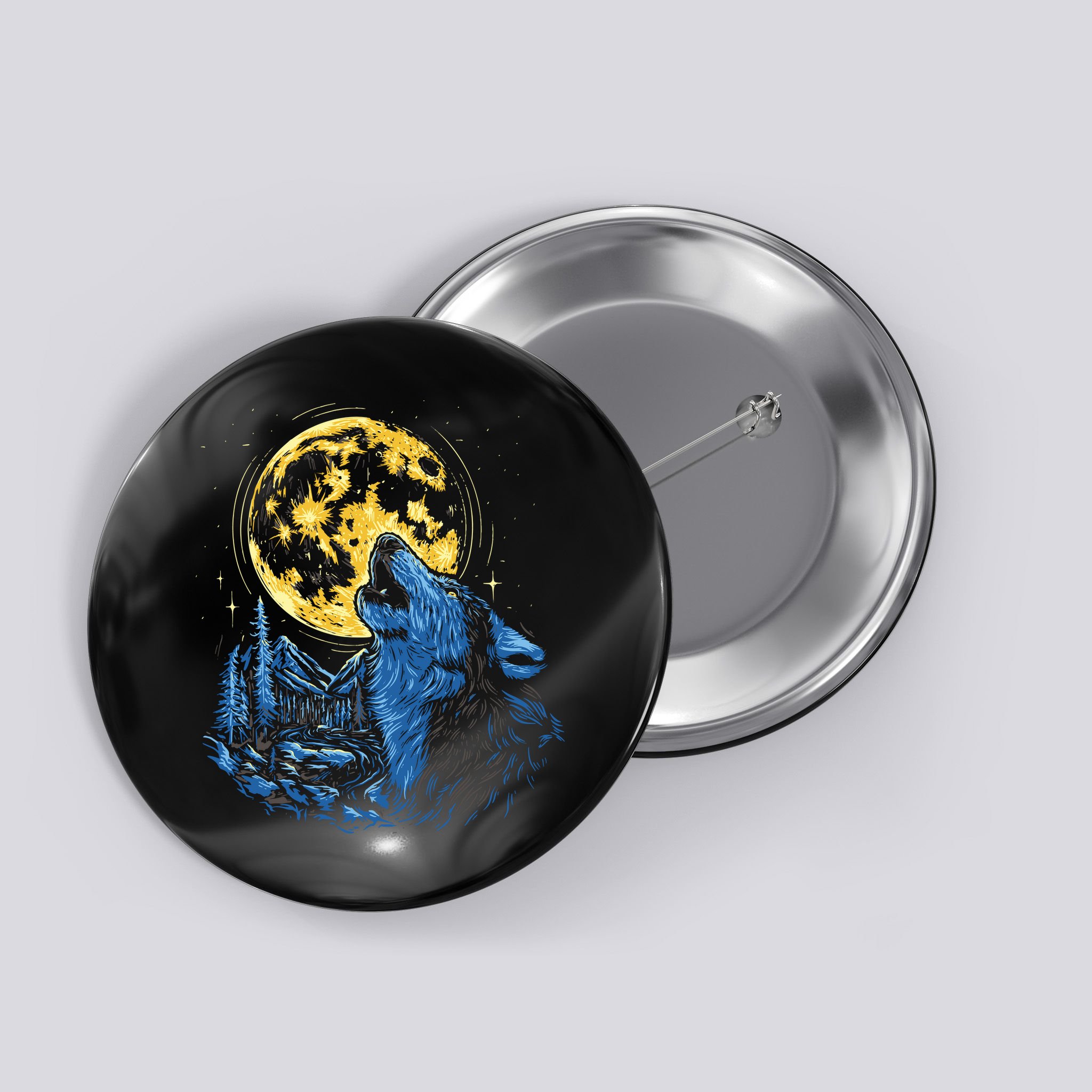 Howling Wolf Yellow Moon Button
