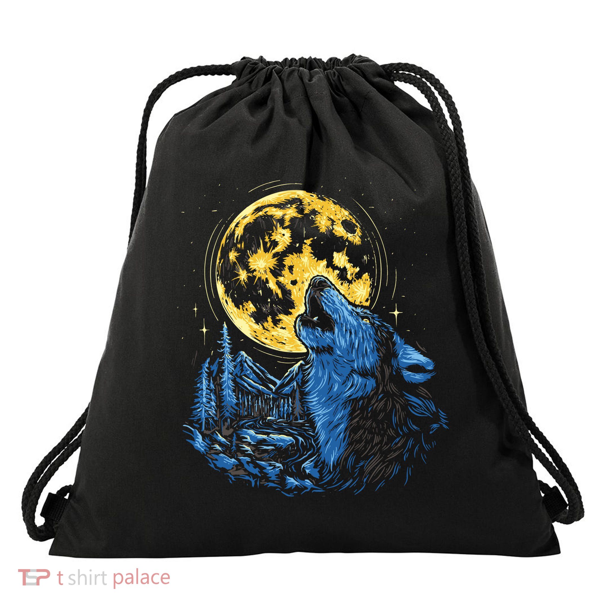 Howling Wolf Yellow Moon Drawstring Bag