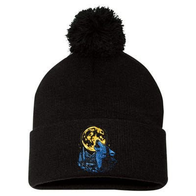 Howling Wolf Yellow Moon Pom Pom 12in Knit Beanie