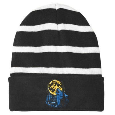 Howling Wolf Yellow Moon Striped Beanie with Solid Band