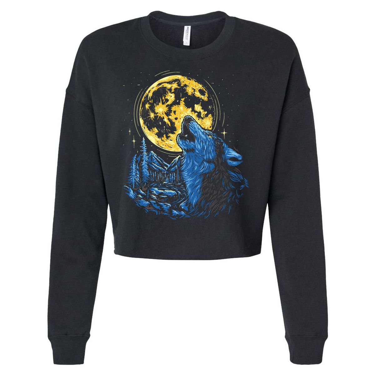 Howling Wolf Yellow Moon Cropped Pullover Crew