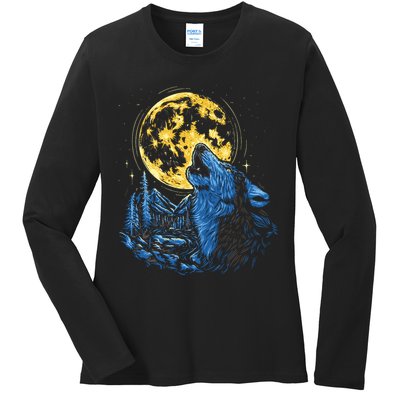 Howling Wolf Yellow Moon Ladies Long Sleeve Shirt