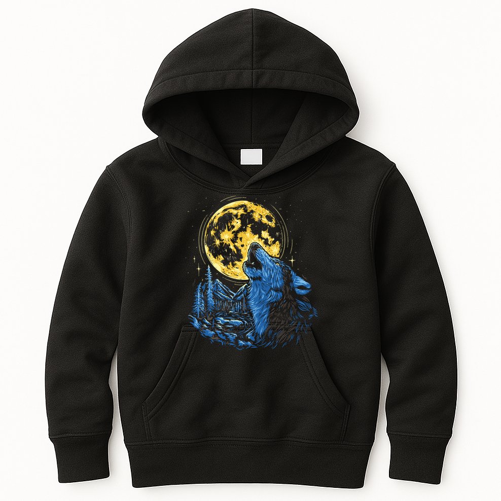 Howling Wolf Yellow Moon Kids Hoodie