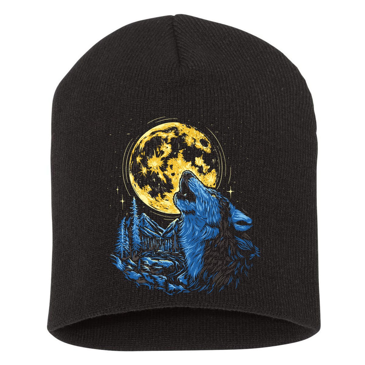 Howling Wolf Yellow Moon Short Acrylic Beanie