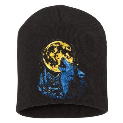 Howling Wolf Yellow Moon Short Acrylic Beanie