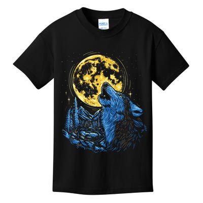 Howling Wolf Yellow Moon Kids T-Shirt