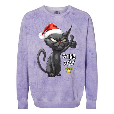 Holiday Xmas Christmas Cat Thumbs Up Doing Okay Sarcastic Colorblast Crewneck Sweatshirt