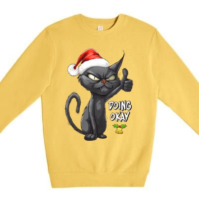 Holiday Xmas Christmas Cat Thumbs Up Doing Okay Sarcastic Premium Crewneck Sweatshirt