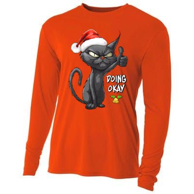 Holiday Xmas Christmas Cat Thumbs Up Doing Okay Sarcastic Cooling Performance Long Sleeve Crew