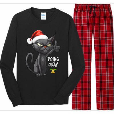 Holiday Xmas Christmas Cat Thumbs Up Doing Okay Sarcastic Long Sleeve Pajama Set