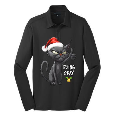 Holiday Xmas Christmas Cat Thumbs Up Doing Okay Sarcastic Silk Touch Performance Long Sleeve Polo