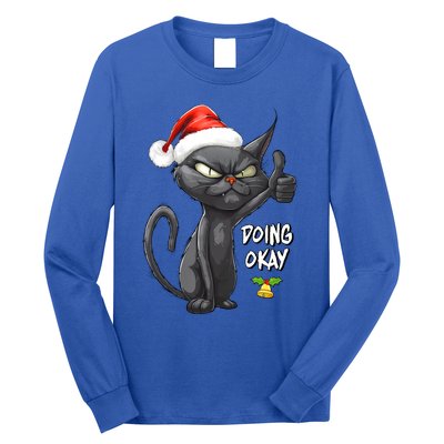 Holiday Xmas Christmas Cat Thumbs Up Doing Okay Sarcastic Long Sleeve Shirt