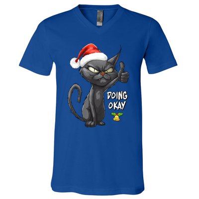 Holiday Xmas Christmas Cat Thumbs Up Doing Okay Sarcastic V-Neck T-Shirt