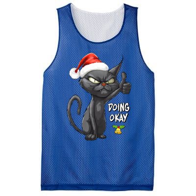 Holiday Xmas Christmas Cat Thumbs Up Doing Okay Sarcastic Mesh Reversible Basketball Jersey Tank