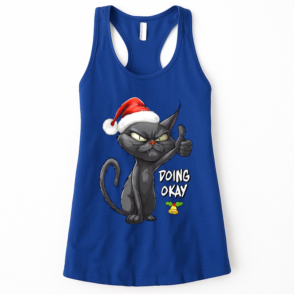 Holiday Xmas Christmas Cat Thumbs Up Doing Okay Sarcastic Womens Tank Top