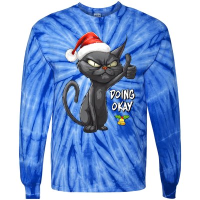 Holiday Xmas Christmas Cat Thumbs Up Doing Okay Sarcastic Tie-Dye Long Sleeve Shirt