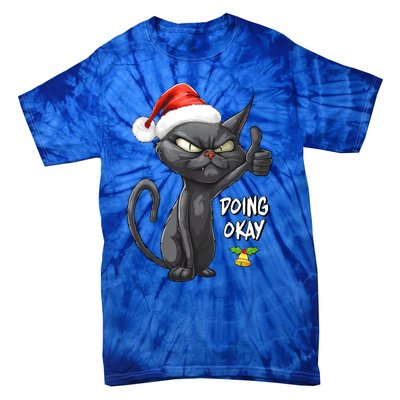 Holiday Xmas Christmas Cat Thumbs Up Doing Okay Sarcastic Tie-Dye T-Shirt