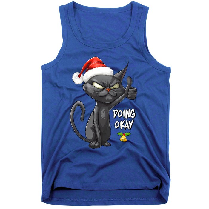 Holiday Xmas Christmas Cat Thumbs Up Doing Okay Sarcastic Tank Top