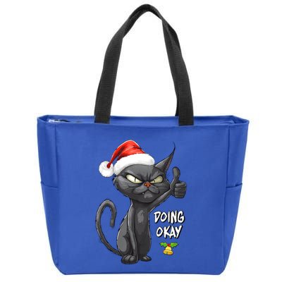 Holiday Xmas Christmas Cat Thumbs Up Doing Okay Sarcastic Zip Tote Bag