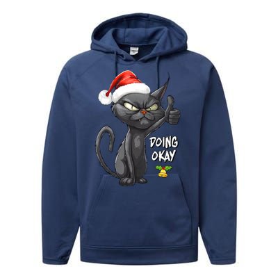 Holiday Xmas Christmas Cat Thumbs Up Doing Okay Sarcastic Performance Fleece Hoodie