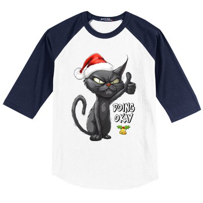 Holiday Xmas Christmas Cat Thumbs Up Doing Okay Sarcastic Baseball Sleeve Shirt