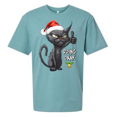 Holiday Xmas Christmas Cat Thumbs Up Doing Okay Sarcastic Sueded Cloud Jersey T-Shirt