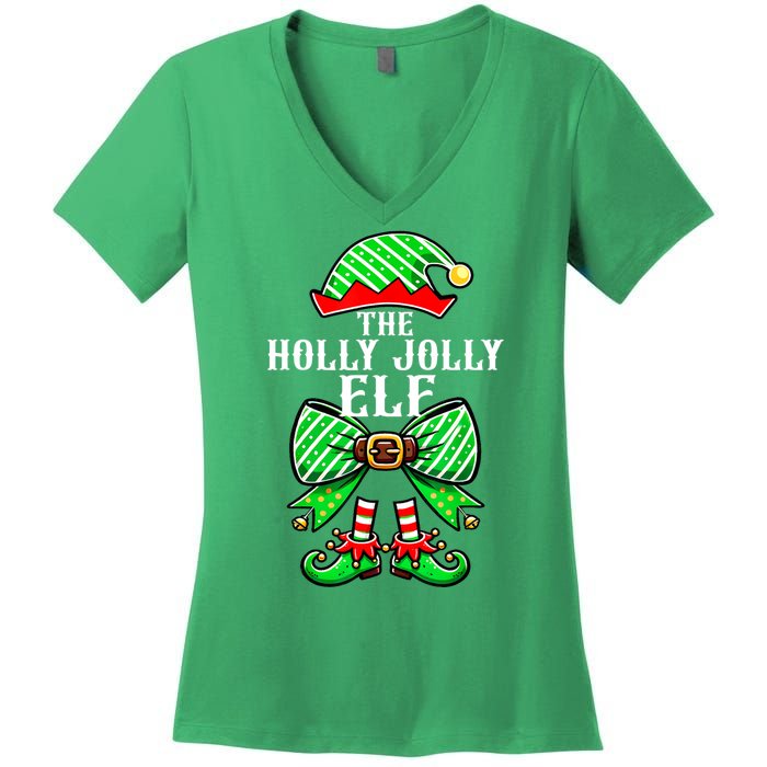 Holly Xmas Family Matching Jolly Elf Coquette Bow Christmas Gift Women's V-Neck T-Shirt