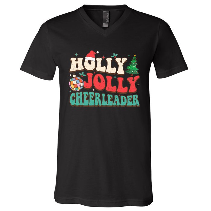 Holly Xmas Jolly Funny Christmas Cheerleader Disco Balls  V-Neck T-Shirt