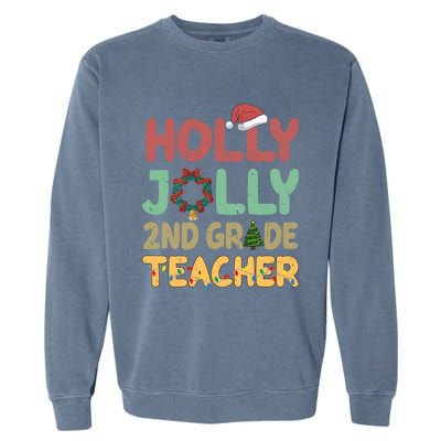 Holly Xmas Jolly 2nd Grade Teacher Santa Hat Xmas Tree Light Funny Gift Garment-Dyed Sweatshirt