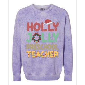 Holly Xmas Jolly Preschool Teacher Santa Hat Xmas Tree Light Cool Gift Colorblast Crewneck Sweatshirt