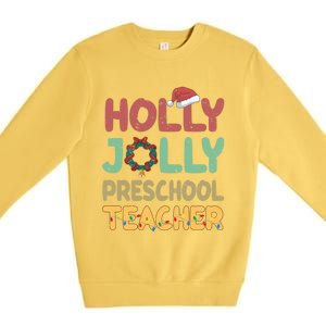 Holly Xmas Jolly Preschool Teacher Santa Hat Xmas Tree Light Cool Gift Premium Crewneck Sweatshirt