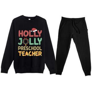 Holly Xmas Jolly Preschool Teacher Santa Hat Xmas Tree Light Cool Gift Premium Crewneck Sweatsuit Set