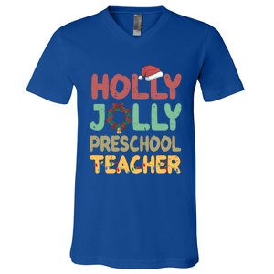 Holly Xmas Jolly Preschool Teacher Santa Hat Xmas Tree Light Cool Gift V-Neck T-Shirt