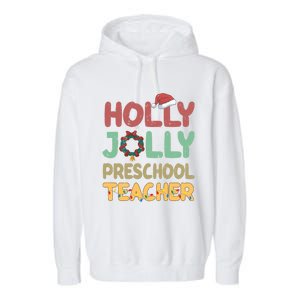 Holly Xmas Jolly Preschool Teacher Santa Hat Xmas Tree Light Cool Gift Garment-Dyed Fleece Hoodie