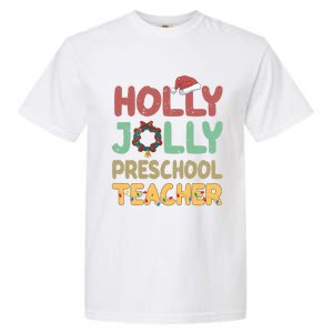 Holly Xmas Jolly Preschool Teacher Santa Hat Xmas Tree Light Cool Gift Garment-Dyed Heavyweight T-Shirt