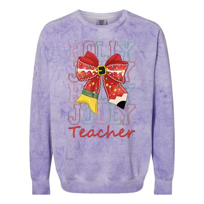 Holly Xmas Jolly Teacher Christmas Vibes Coquette Bow Retro Colorblast Crewneck Sweatshirt