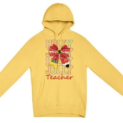 Holly Xmas Jolly Teacher Christmas Vibes Coquette Bow Retro Premium Pullover Hoodie