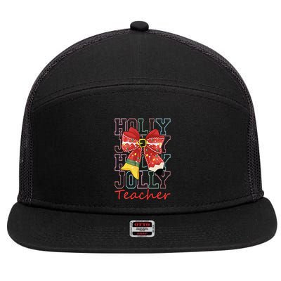 Holly Xmas Jolly Teacher Christmas Vibes Coquette Bow Retro 7 Panel Mesh Trucker Snapback Hat