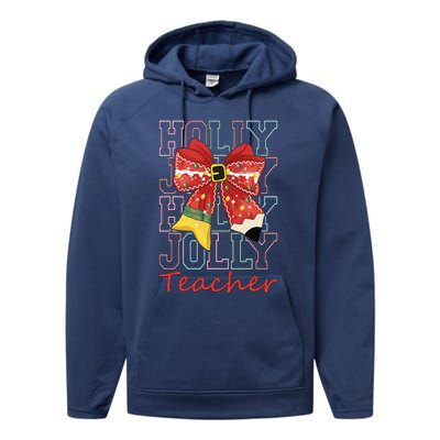 Holly Xmas Jolly Teacher Christmas Vibes Coquette Bow Retro Performance Fleece Hoodie