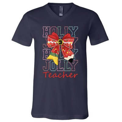 Holly Xmas Jolly Teacher Christmas Vibes Coquette Bow Retro V-Neck T-Shirt