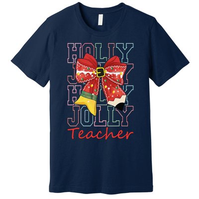 Holly Xmas Jolly Teacher Christmas Vibes Coquette Bow Retro Premium T-Shirt