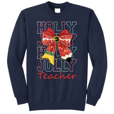 Holly Xmas Jolly Teacher Christmas Vibes Coquette Bow Retro Tall Sweatshirt