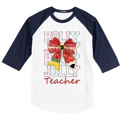 Holly Xmas Jolly Teacher Christmas Vibes Coquette Bow Retro Baseball Sleeve Shirt