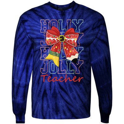 Holly Xmas Jolly Teacher Christmas Vibes Coquette Bow Retro Tie-Dye Long Sleeve Shirt