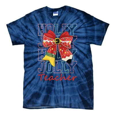 Holly Xmas Jolly Teacher Christmas Vibes Coquette Bow Retro Tie-Dye T-Shirt