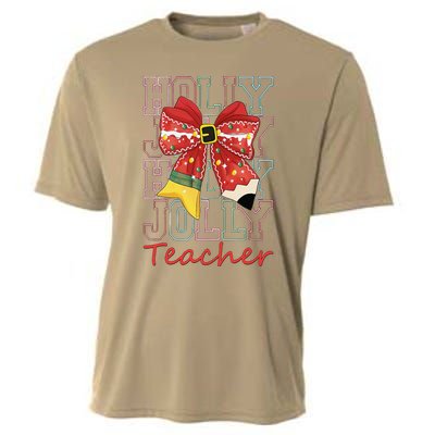 Holly Xmas Jolly Teacher Christmas Vibes Coquette Bow Retro Cooling Performance Crew T-Shirt