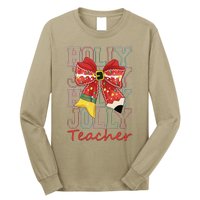 Holly Xmas Jolly Teacher Christmas Vibes Coquette Bow Retro Long Sleeve Shirt